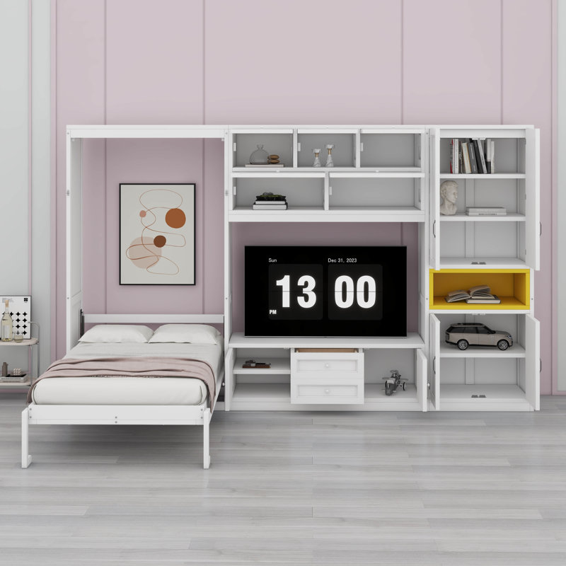 Lit escamotable en bois avec meuble télé, 2 tiroirs, tablettes et armoires, Blanc
