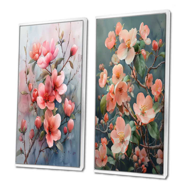 Ensemble de 2 pièces d'art en fleurs rose et gris, H 32 po x l 32 po, Impression encadrée, Blanc