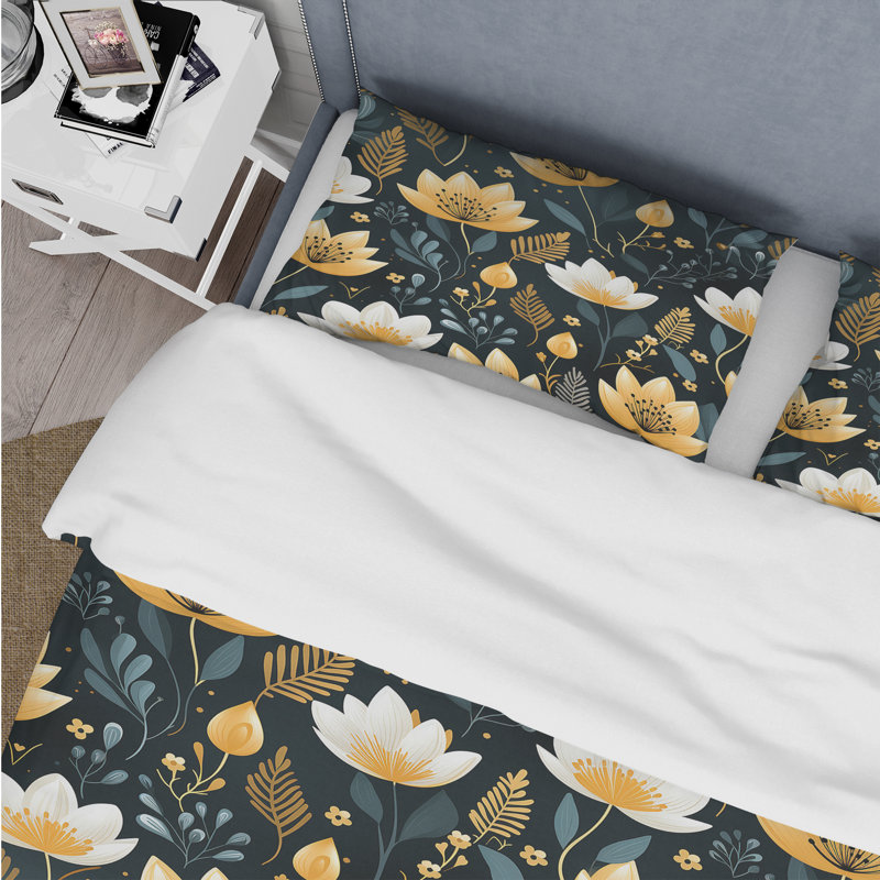 Meadow Black And Yellow Floral Pattern - Ensemble de housse de couette à motif floral