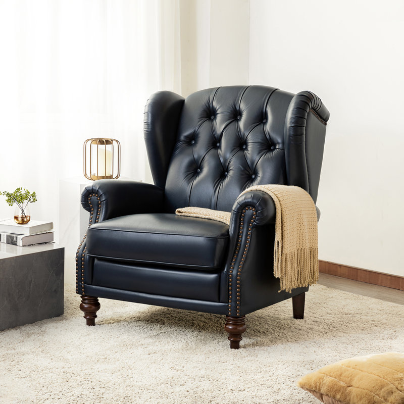 Amyri 33" Wide Genuine Leather Wingback Armchair with Button-Tufted, Navy Genuine Leather