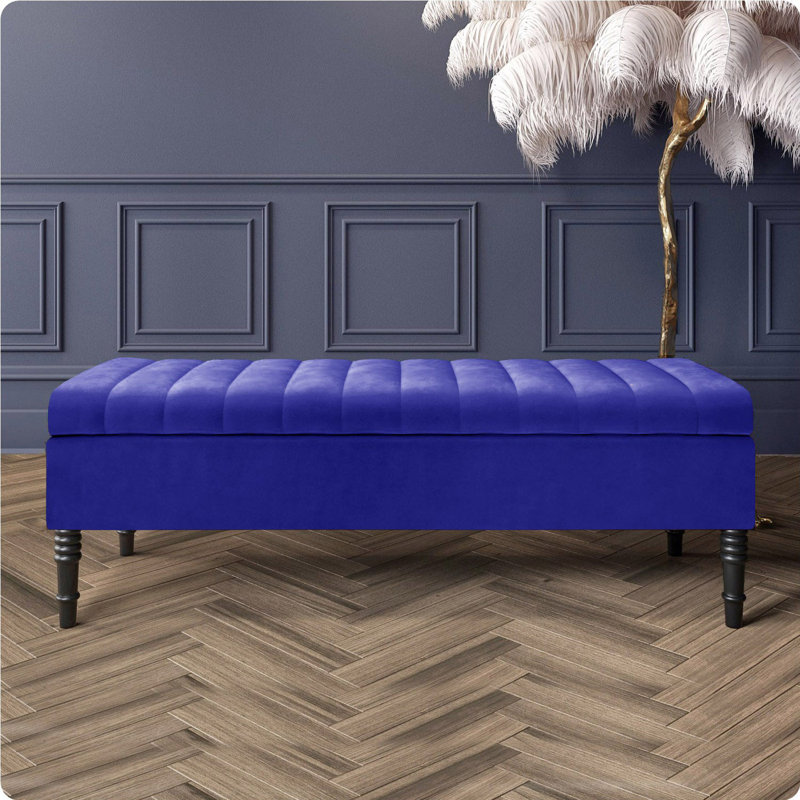 Safar Striped Ottoman Storage Bench – Upholstery Plush Velvet Shoe Bench with Black Turned Wooden Legs, Sapphire Blue
