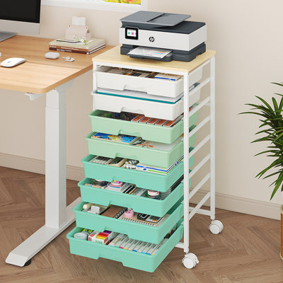 8-Drawer Rolling Storage Cart with Wood Tabletop, Mobile Organizer with Locking Wheels,Green