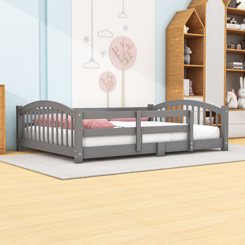 Wood Montessori Floor Bed with Guardrails and Slat Support, Gray, Full