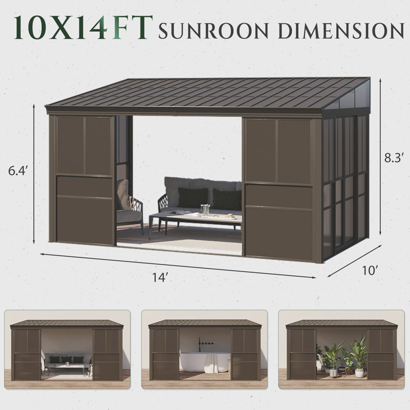 10' x 14' Wall-Mounted Sunroom, Lean-to Gazebo with Galvanized Steel Roof, Aluminum Frame, 6mm UV-Resistant Polycarbonate Panels & 3-Sided Sliding Doors for Patio, Garden & Backyard