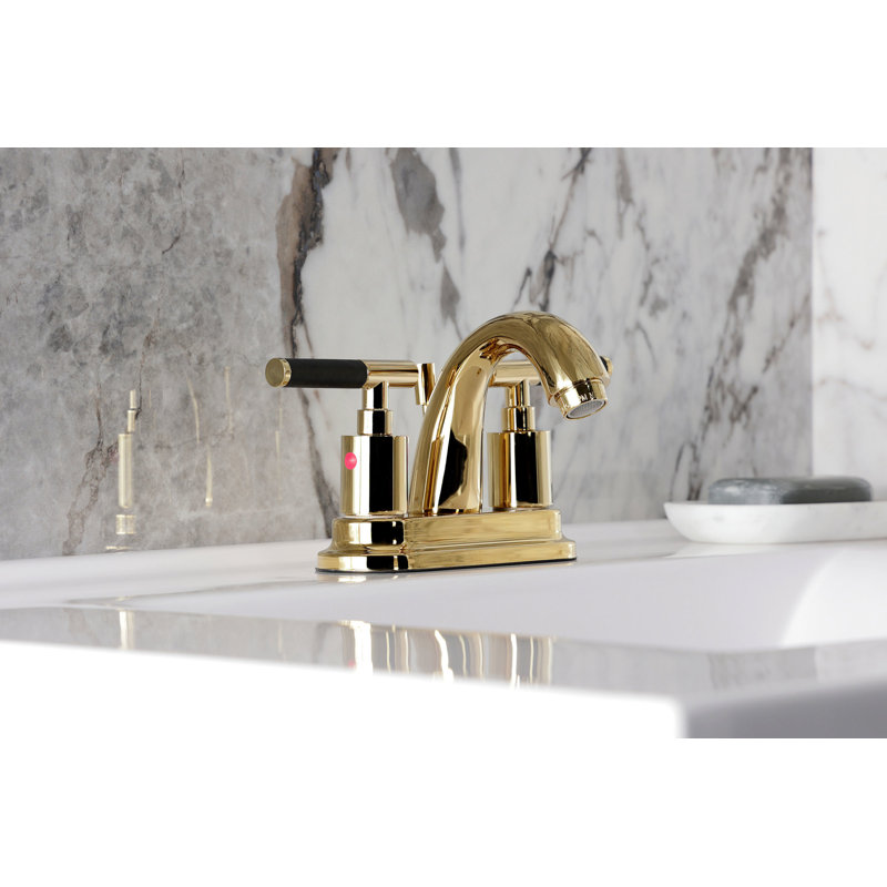 Kingston Brass Kaiser Two-Handle 3-Hole Deck Mount 4" Centerset Bathroom Faucet with Pop-Up Drain, Polished Brass