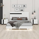 Modern High Gloss 3-Piece Bedroom Set Floating Bed Frame Platform Bed With LED Light & 2 Nightstands