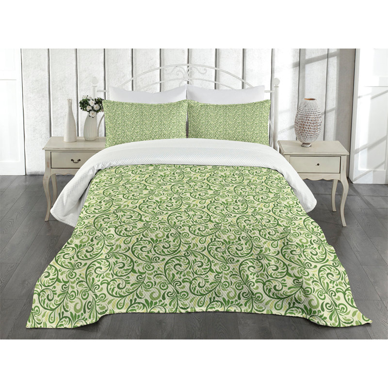 Green Damask King Size Polyester Bedspread Set
