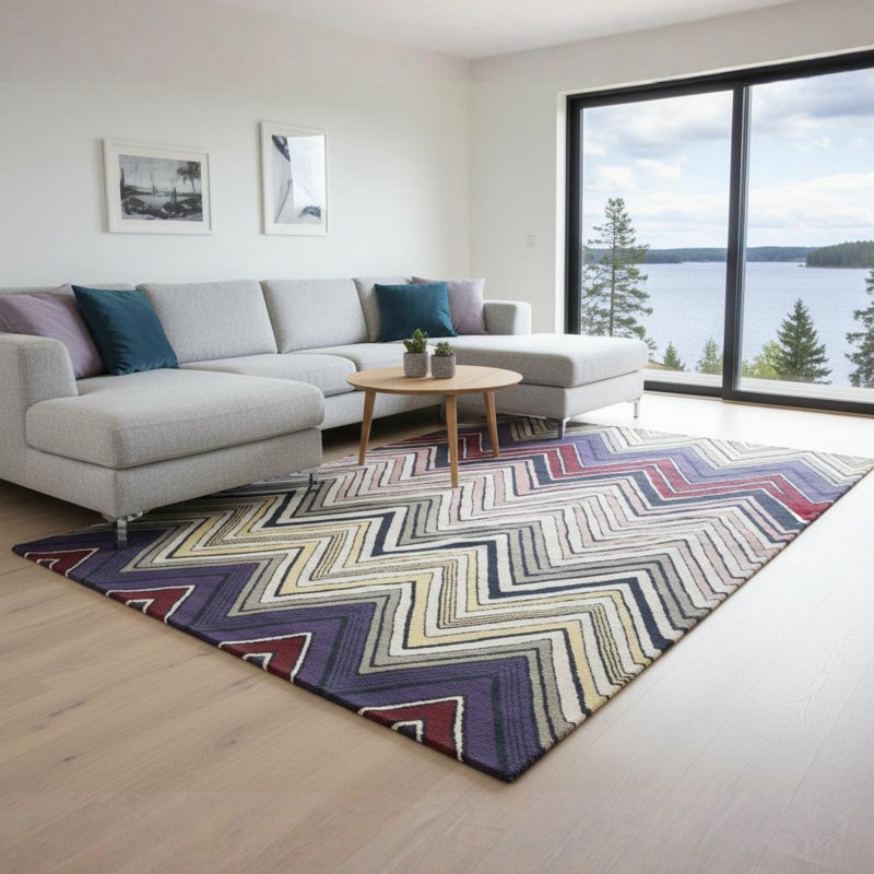 Tapis en laine touffeté à la main mauve, jaune, bourgogne, corail clair, gris, noir et crème Millwood Authentic