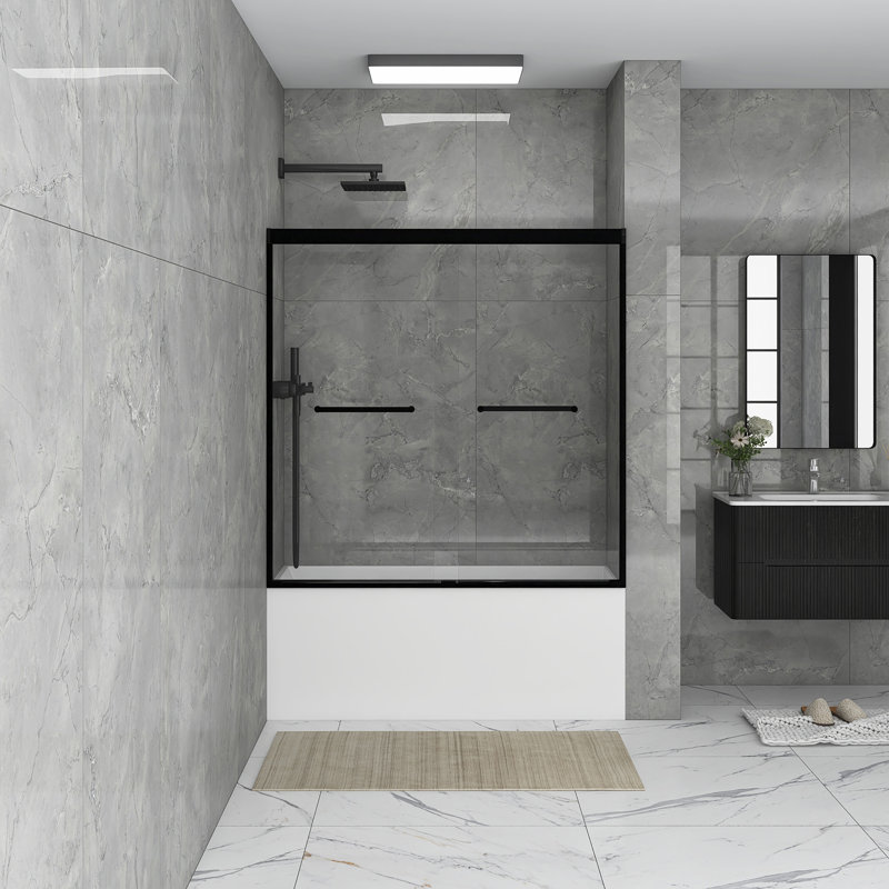 56 To 60 In. W X 60 In. H Sliding Framed Tub Door In Matte Black Finish With Clear Tempered Glass, Matte Black