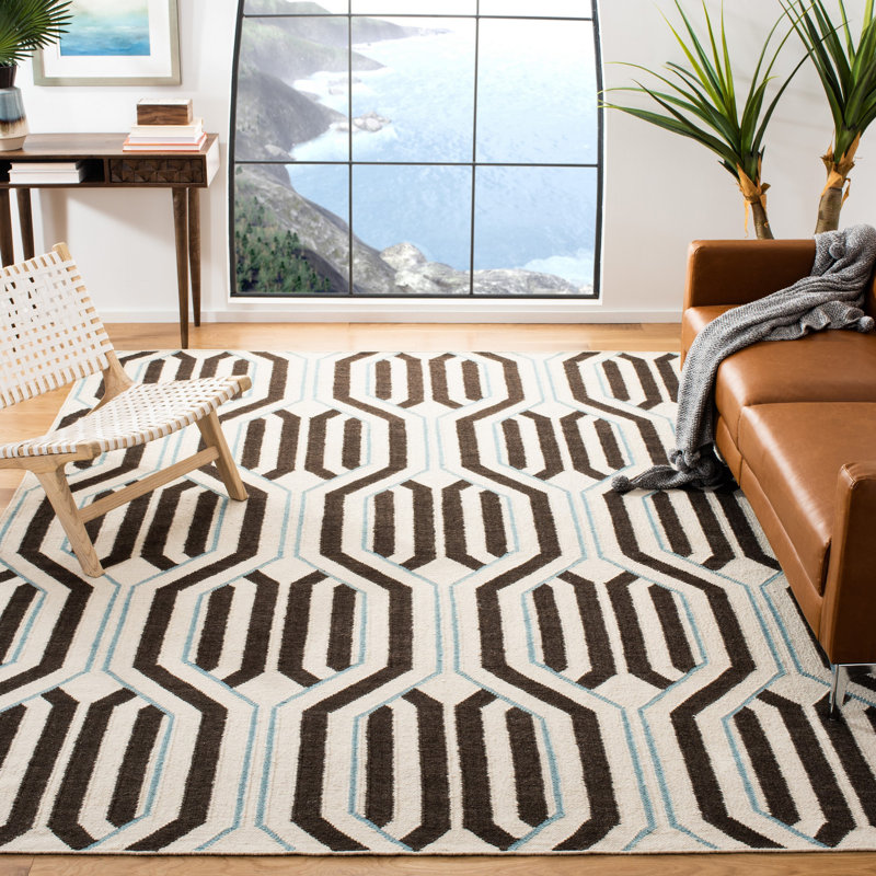 Dhurries Hand Woven Flat Weave Wool/Cotton Geometric Rug in Brown/Beige/Cream, Rectangle 5' x 8'