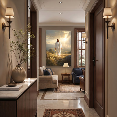 «Jesus Walking Grass Mountain Golden Sunset», reproduction d'art sur toile, peinture chrétienne à plat