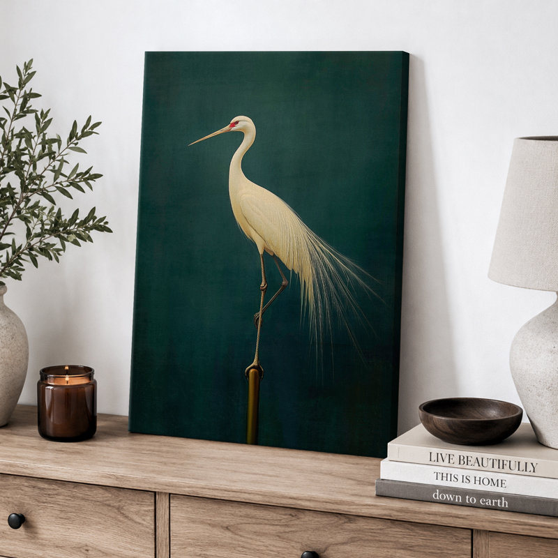 Oiseau aigrette vert rétro, photos de salle de bain rustique moderne, impression sur toile encadrée, H 24 po x l 16 po