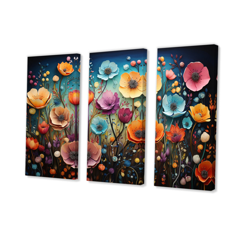 Fleurs colorées fantaisistes - impression sur toile tendue 3 pièces, H 28 po x l 36 po x P 1 po