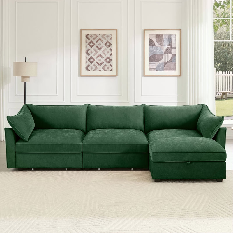 Canapé modulaire en L à 3 places avec repose-pieds mobile, assise large et profonde confortable, tissu chenille vert, Vert