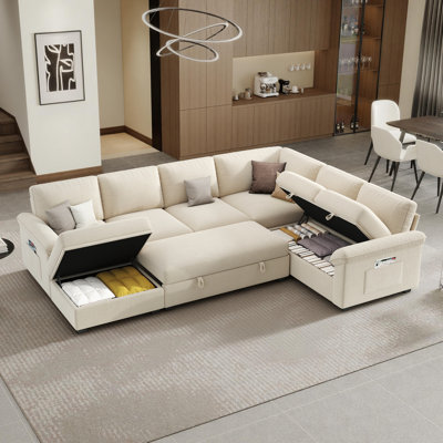 Canapé-lit d'angle Ahn en forme de U, 6 places, convertible avec lit gigogne, dossier inclinable et rangement dissimulé, beige.