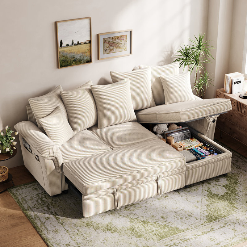 Felipe 90.5'' Upholstered L-shape Modular Sectional with Storage, Pull-out Couch & USB Port, Elio Beige Corduroy