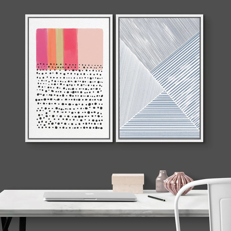 Abstrait aux blocs de couleurs vives avec des points de couleur foncée avec un motif de vagues bleues, Blanc