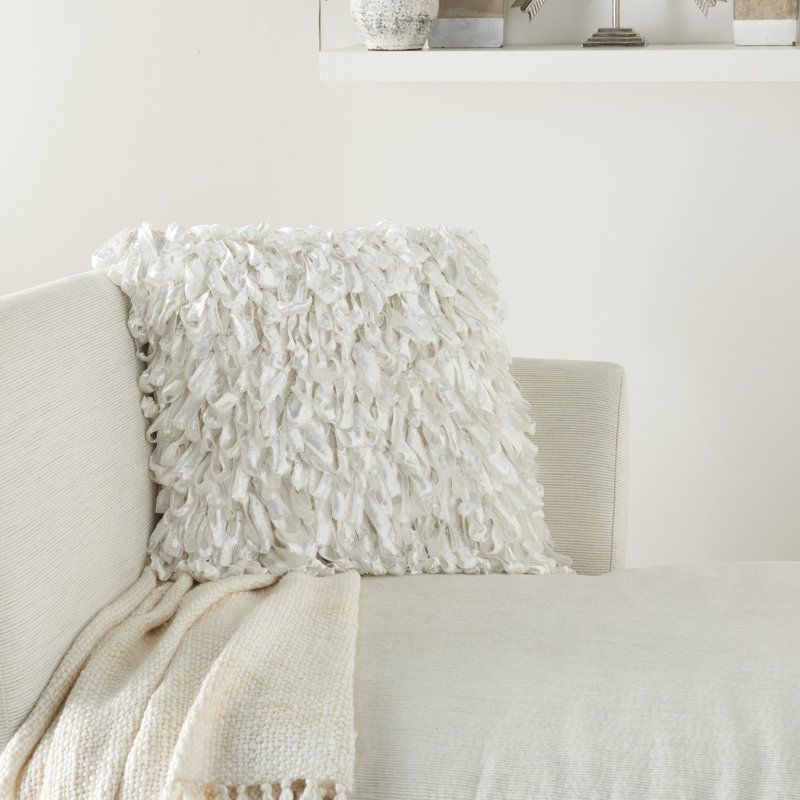 20" Throw Pillow With Shaggy Ribbon Ruffles, White