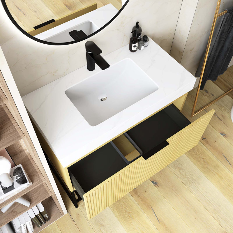 Meuble-lavabo autoportant en contreplaqué rayé pré-assemblé avec lavabo, tiroir et tablette ouverte, Doré, 36"
