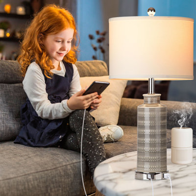 Javell Ceramic Grey Drum Shade USB Charging Port AC Outlet Touch Switch