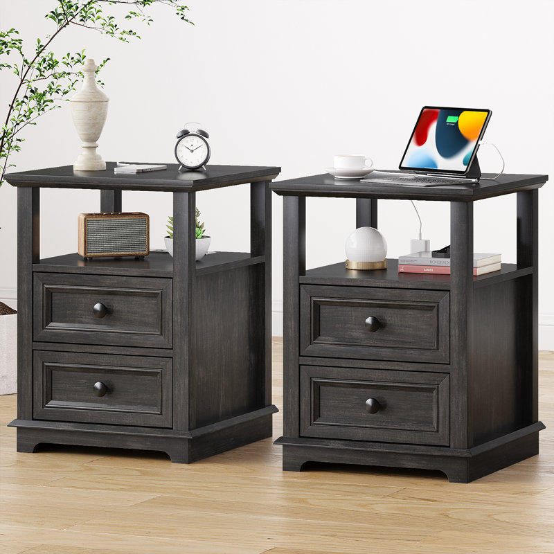 Azella Frame 2 End Table Set with Storage and Built-In Outlets, Black Top/Black Base