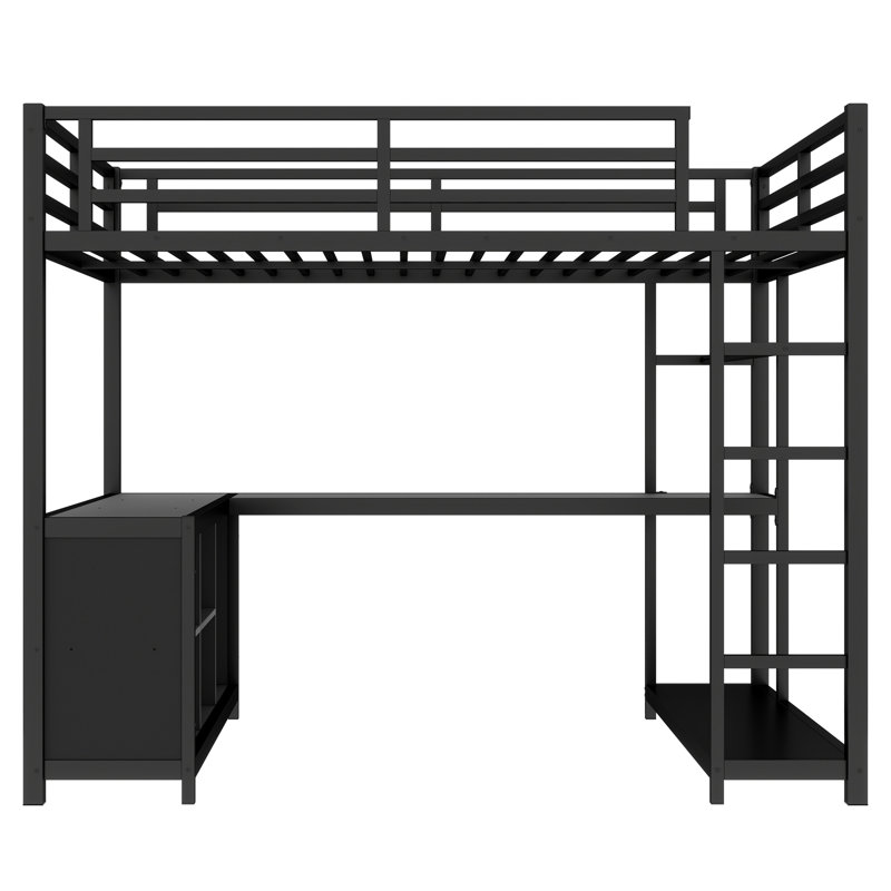 Metal Loft Bed with Wardrobe and L-shaped Desk, Loft Bed with Storage Cubes and Shelves, Loft Bed for Kids Teens Adults, Black