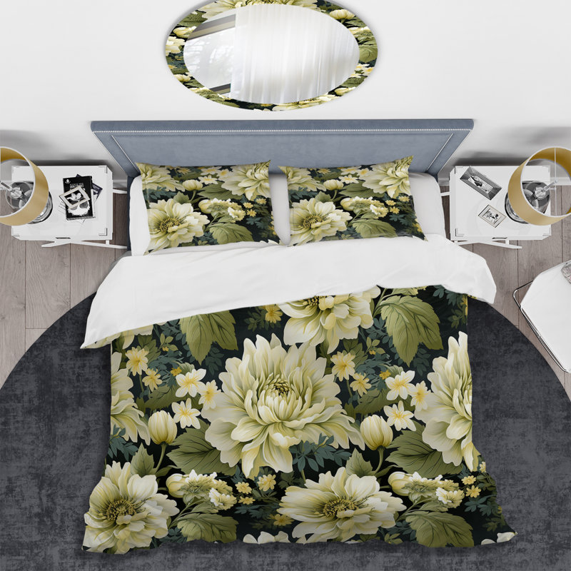 Ensemble de housse de couette beige et vert pivoines damassées Serenity I - Floral