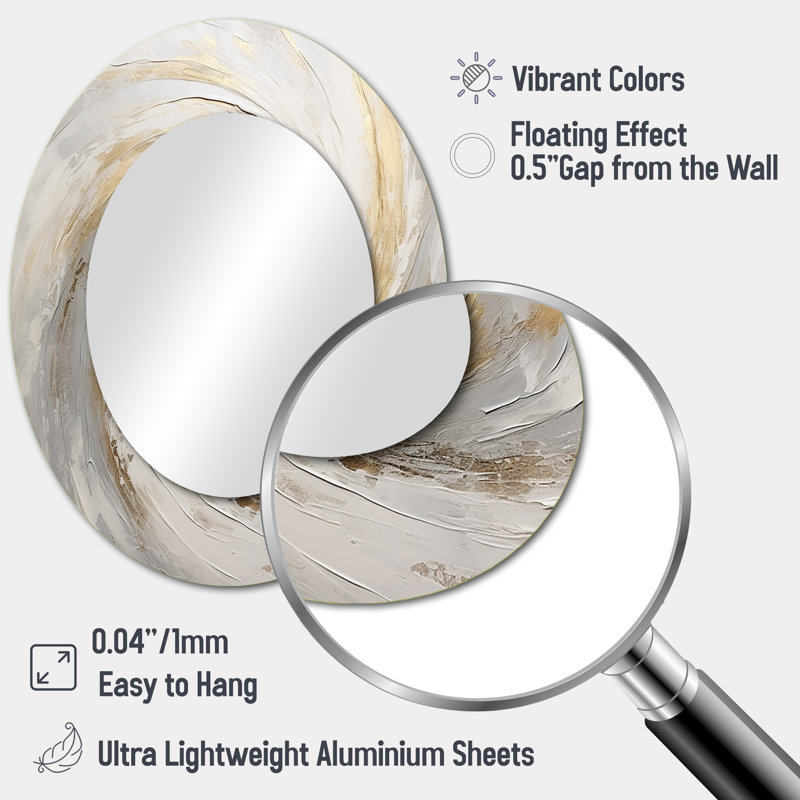 Gold And White Soft Wave Vortex V - Large Oval Wall Mirror On Metal, 43" x 33"