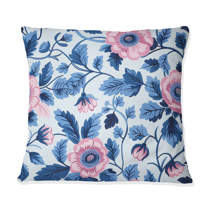 Coussin décoratif fleuri bleu et rose, H 16 po x l 16 po
