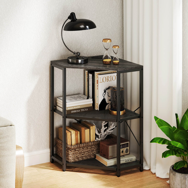 Corner Printer Stand With Charging Station Adjustable Metal Mesh Shelf Black