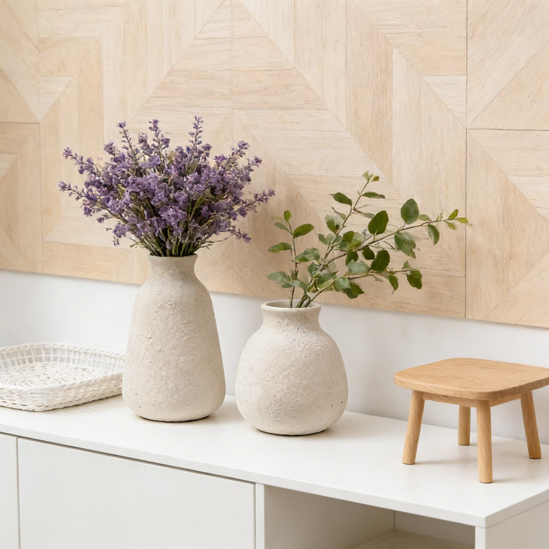 Ensemble de 2 vases en céramique fabriqués à la main, décor de maison de campagne rustique pour centre de table, foyer ou table de chevet, motif terre cuite blanc cassé minimaliste