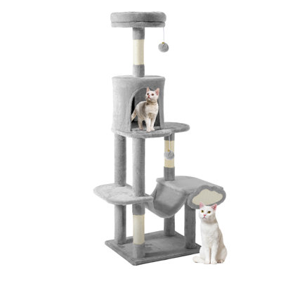Cat Climbing Tree With Hammock, Scratching Posts, Two Dangling Balls, And Plush Hideaway, Cat Tower For Apartment