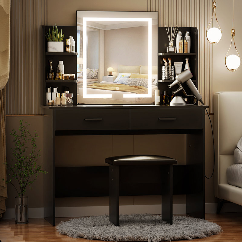 Greyden Vanity Set With LED Mirror & Built-in Outlets, Black