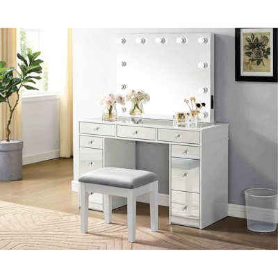 Meuble-lavabo contemporain 1 pièce avec tabouret, finition blanche et grise, ampoules à miroir central de 4 mm, chargeurs, tiroirs multiples, tiroir doublé de feutre, article de décoration de chambre rembourré avec style, gris, rangement,