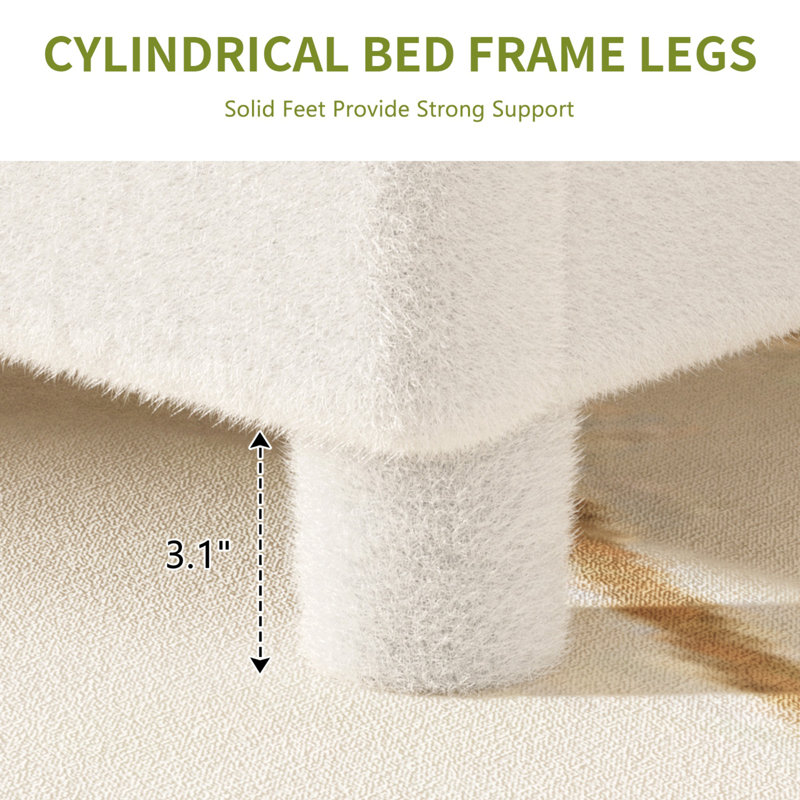 Cactus-Shaped Teddy Fleece Bed - Pom-Pom Headboard, Sturdy & Noise-Free, Easy Assembly, White, Full