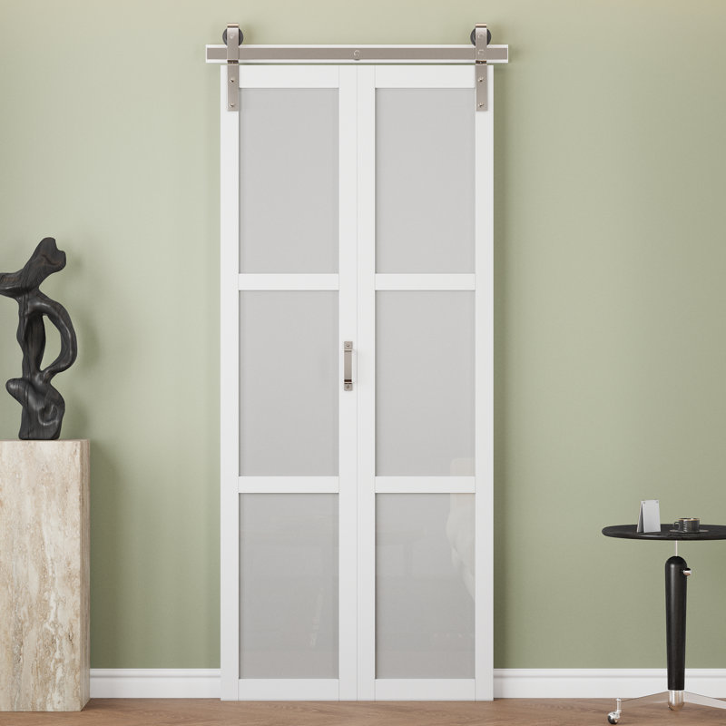 (Nickel plaqué) Porte de grange pliante en verre givré blanc 3 Lite avec trousse de quincaillerie et poignée (garde-manger, garde-robe)