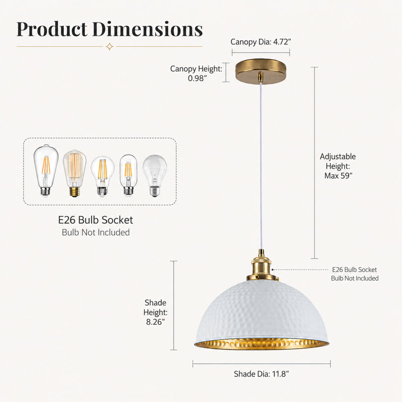 11.8 Inch set of 3 White and Gold Dome Pendant Lights For Kitchen Island , 67.8" H x 11.8" W x 11.8" D, White, 3 Pack