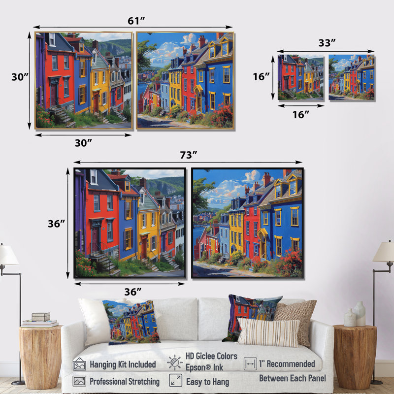 Colourful Canada St John Row maisons in the Summer I - Canada Wall Art - ensemble de 2 décorations murales traditionnelles