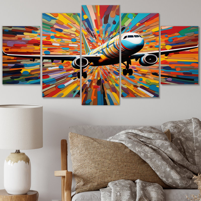 Avion coloré fantaisiste décollage - transport mural art salon - 5 panneaux