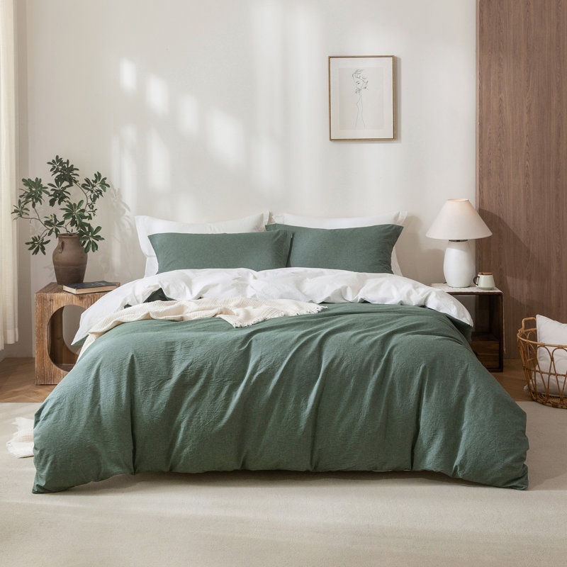 Solayne 100% Washed Cotton Duvet Cover Set with Faux Hemp Texture, Solid Color, Zipper Closure and Corner Ties, Green