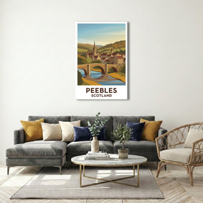 Peebles, Scotland - Romantic Tweed Valley Travel Poster Of River, Bridge And Steeple. Giclee Print On Wrapped Canvas. Wall Art, Home Decor - Cities & Towns, Scotland - Wrapped Canvas Print