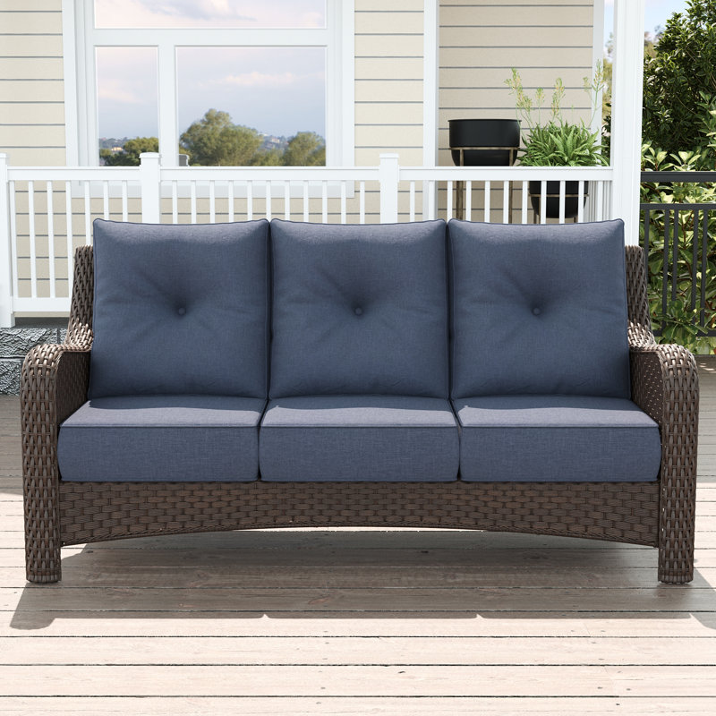 184.9cm Wide Patio Sofa with Cushions, Brown, Navy