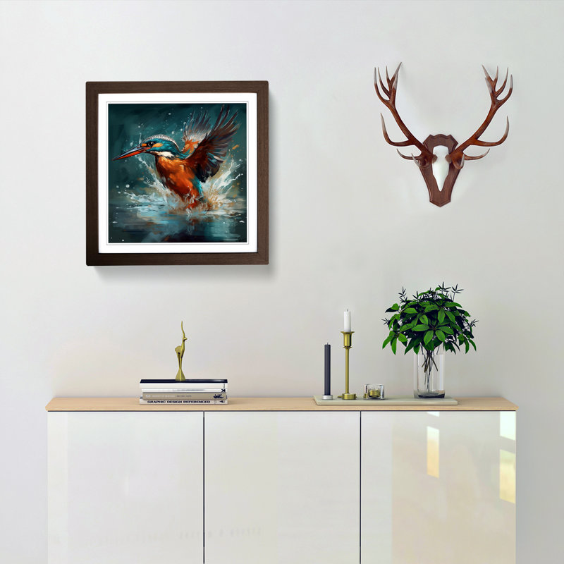 Kingfisher Liquify - Single Picture Frame Print on Wood, Walnut