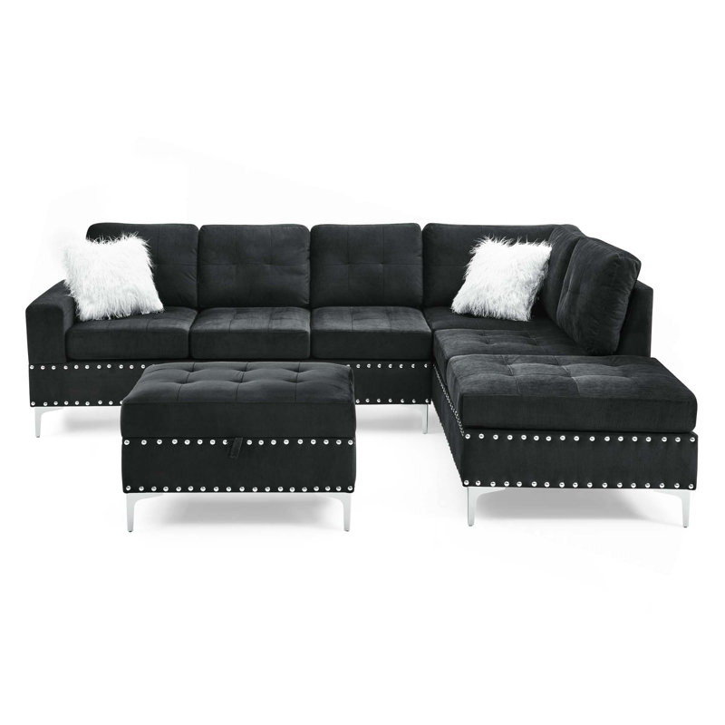 Canapé modulaire à 3 places avec méridienne réversible, repose-pieds avec rangement et porte-gobelets, pieds en métal et clous en cuivre, deux coussins blancs