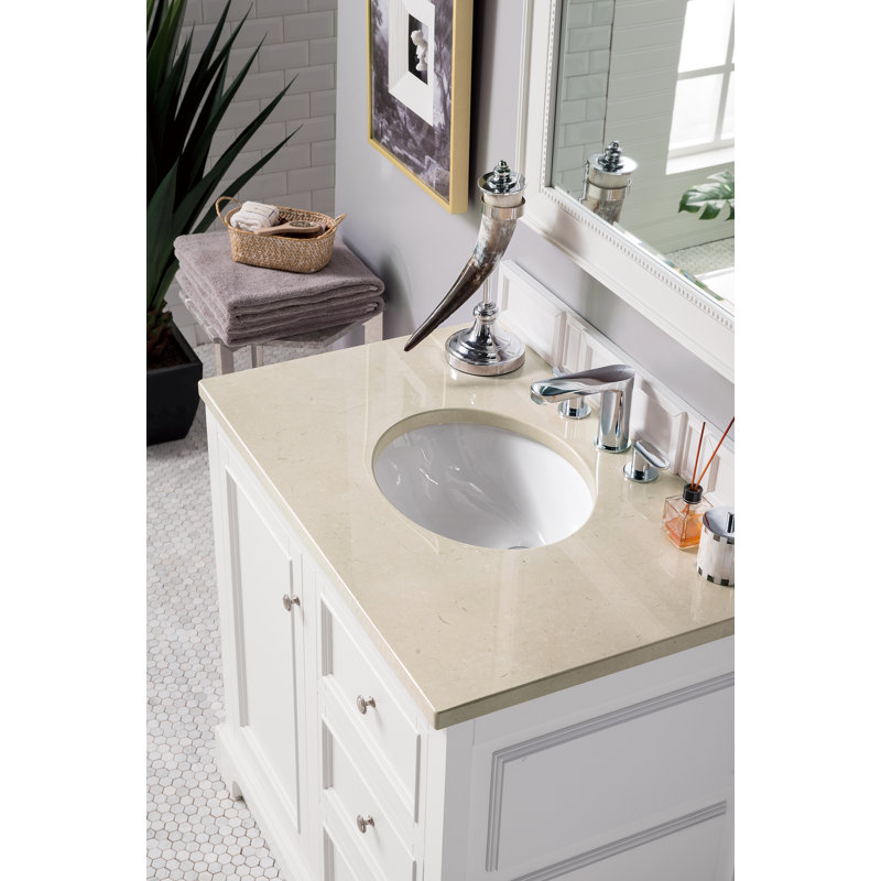 De Soto 36'' W Single Vanity, Bright White, Carrara White Marble, 8" Widespread