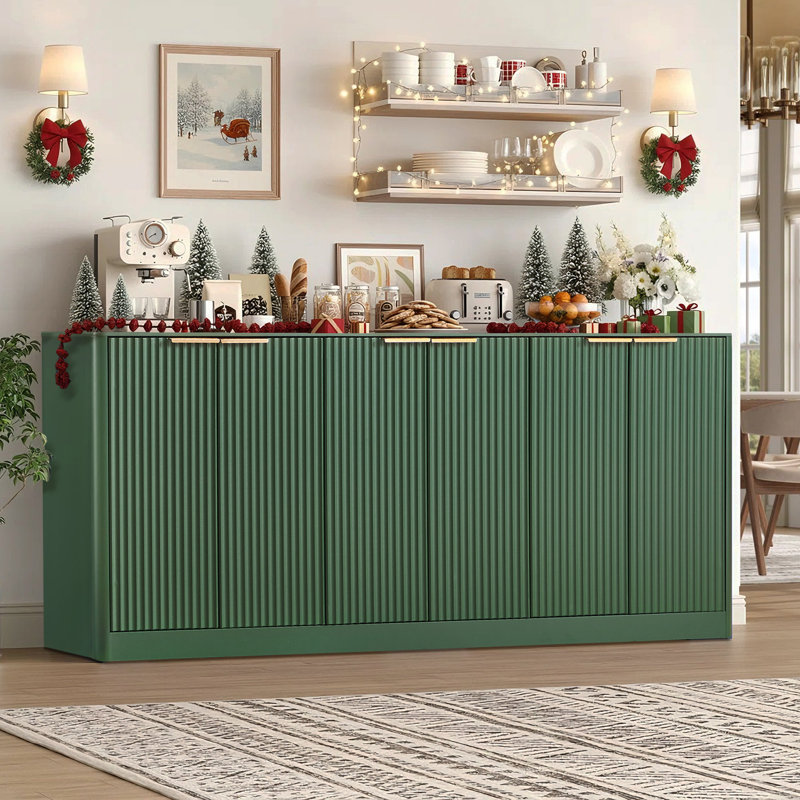 Modern Fluted Sideboard with Curved Edge, 6-Door Large Buffet Cabinet for Kitchen And Living Room, Green
