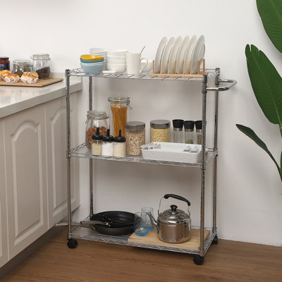 3-Tier Adjustable Rolling Kitchen Cart – Commercial Grade Steel Utility Cart with Wire Shelves, Handle & Wheels – Multi-Use for Food Storage, Plant Display, Office, School, Church
