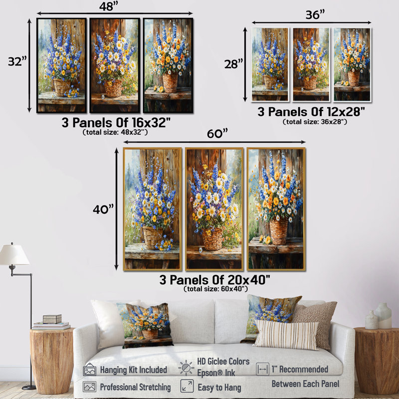«Country Charm Wildflowers At The Farm I», collection d'art mural traditionnel, H 40 po x l 60 po, Doré