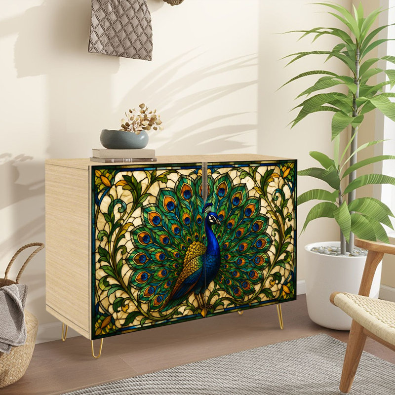 Buffet Buffet avec rangement Peacock Vitrail Imprimé Vitrail Plumes Vibrantes Détails Floraux avec 2 Portes pour le Salon et la Cuisine