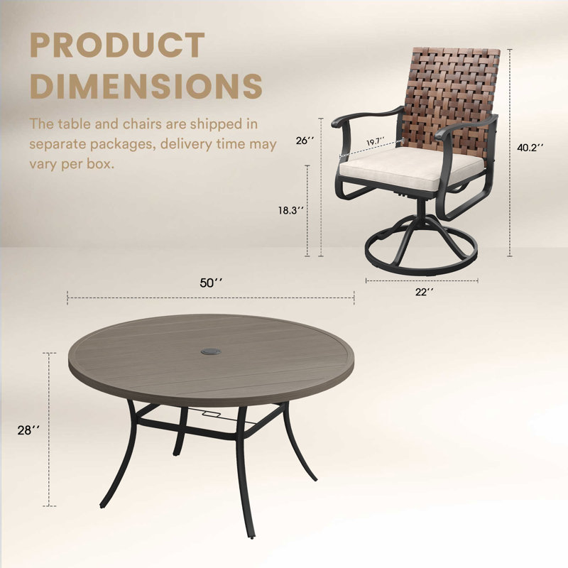 6-Person Outdoor Patio Dining Set With Wicker Swivel Chair, Gray Woodlike